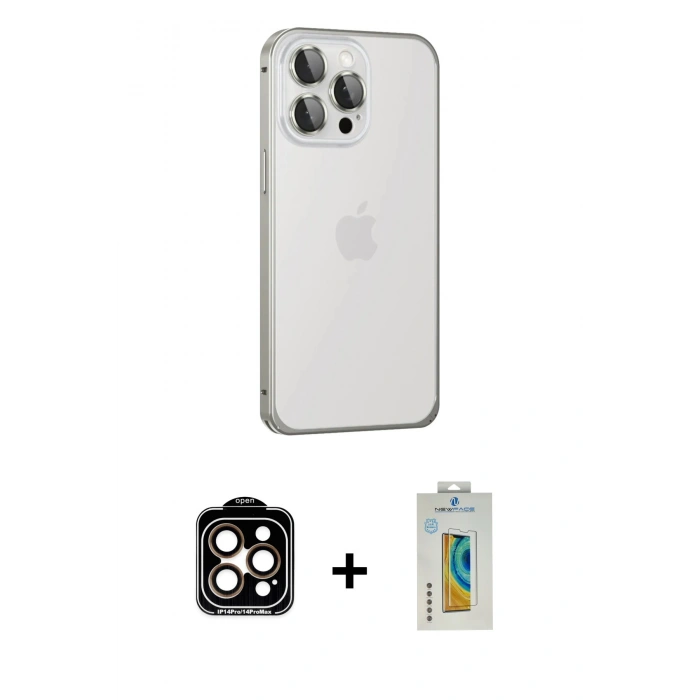 MARSİLYAN™- iPhone 15 Pro Max Kılıf Eksen Form Serisi - Siyah Polymer Nano Ekran Koruyucu + PVD Metal Kamera Lens - TU