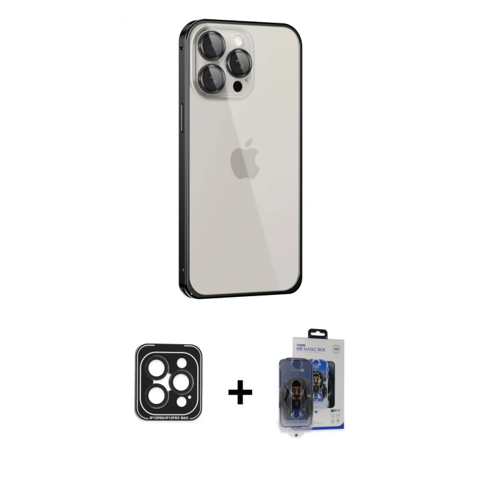 MARSİLYAN™- iPhone 15 Pro Max Kılıf Eksen Form Serisi - Siyah Vanessa Magic Cam + PVD Metal Kamera Lens - SH