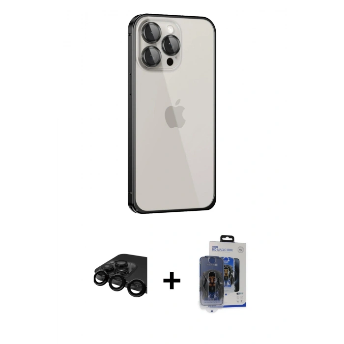 MARSİLYAN™- iPhone 15 Pro Max Kılıf Eksen Form Serisi - Siyah Vanessa Magic Cam + Raze Metal Kamera Lens - SH