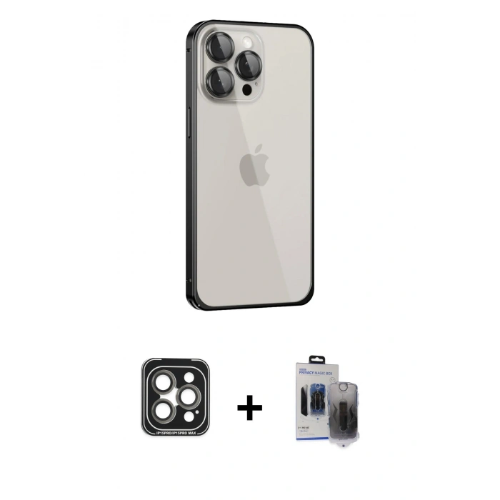 MARSİLYAN™- iPhone 15 Pro Max Kılıf Eksen Form Serisi - Siyah Vanessa Magic Hayalet Cam + PVD Metal Kamera Lens - GI
