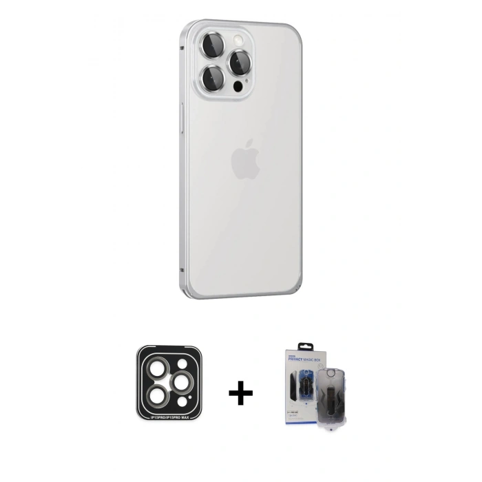 MARSİLYAN™- iPhone 15 Pro Max Kılıf Eksen Form Serisi - Siyah Vanessa Magic Hayalet Cam + PVD Metal Kamera Lens - GI