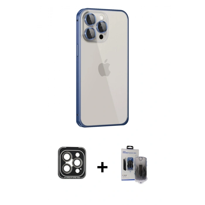 MARSİLYAN™- iPhone 15 Pro Max Kılıf Eksen Form Serisi - Siyah Vanessa Magic Hayalet Cam + PVD Metal Kamera Lens - GI