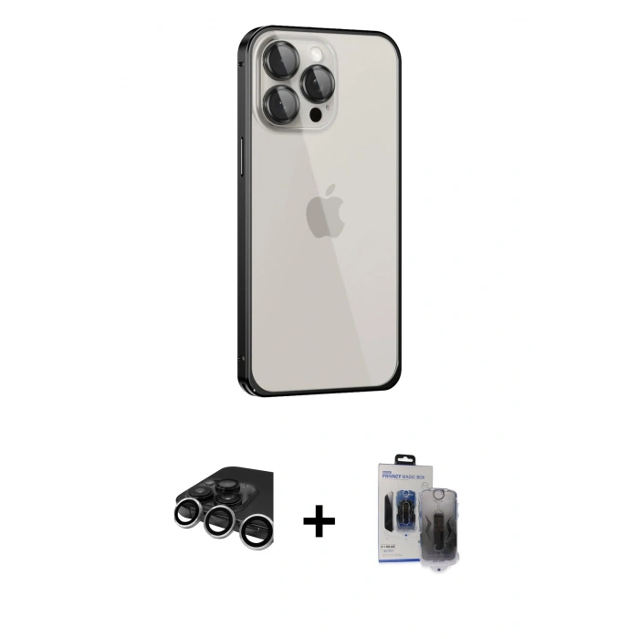 MARSİLYAN™- iPhone 15 Pro Max Kılıf Eksen Form Serisi - Siyah Vanessa Magic Hayalet Cam + Raze Metal Kamera Lens - GS