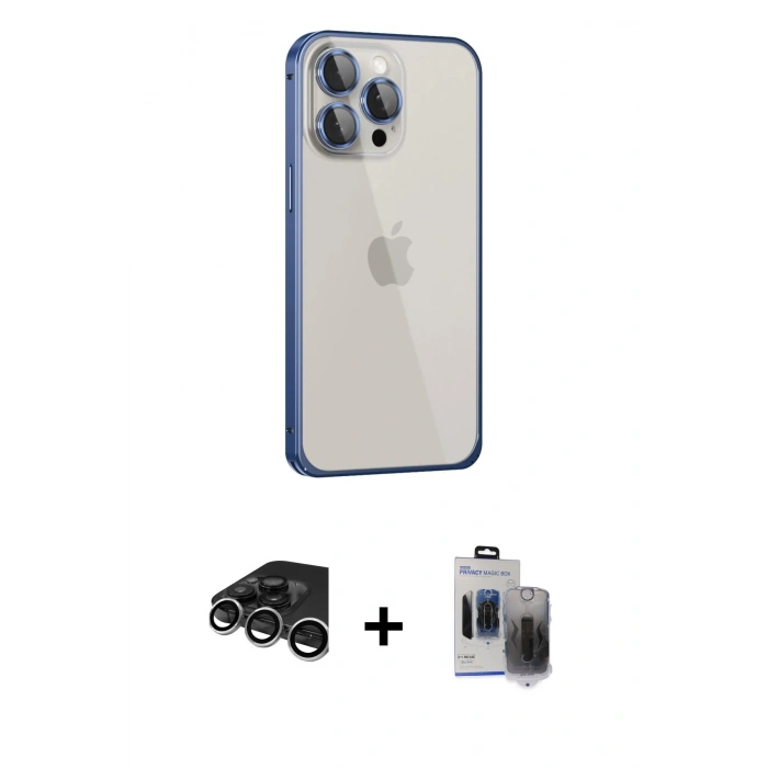 MARSİLYAN™- iPhone 15 Pro Max Kılıf Eksen Form Serisi - Siyah Vanessa Magic Hayalet Cam + Raze Metal Kamera Lens - GS