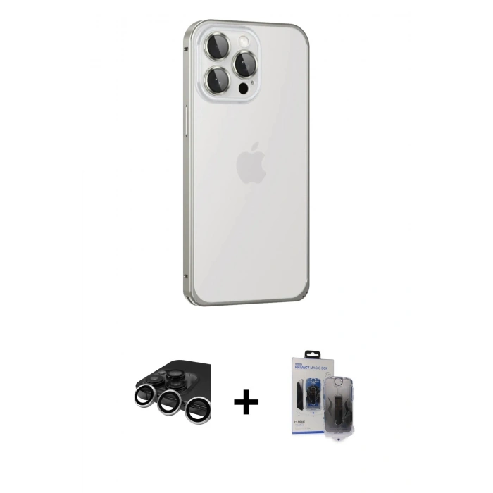 MARSİLYAN™- iPhone 15 Pro Max Kılıf Eksen Form Serisi - Siyah Vanessa Magic Hayalet Cam + Raze Metal Kamera Lens - GS