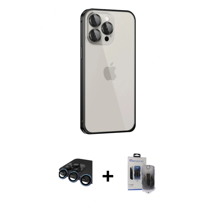 MARSİLYAN™- iPhone 15 Pro Max Kılıf Eksen Form Serisi - Siyah Vanessa Magic Hayalet Cam + Raze Metal Kamera Lens - LT