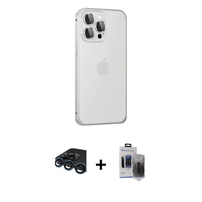 MARSİLYAN™- iPhone 15 Pro Max Kılıf Eksen Form Serisi - Siyah Vanessa Magic Hayalet Cam + Raze Metal Kamera Lens - LT