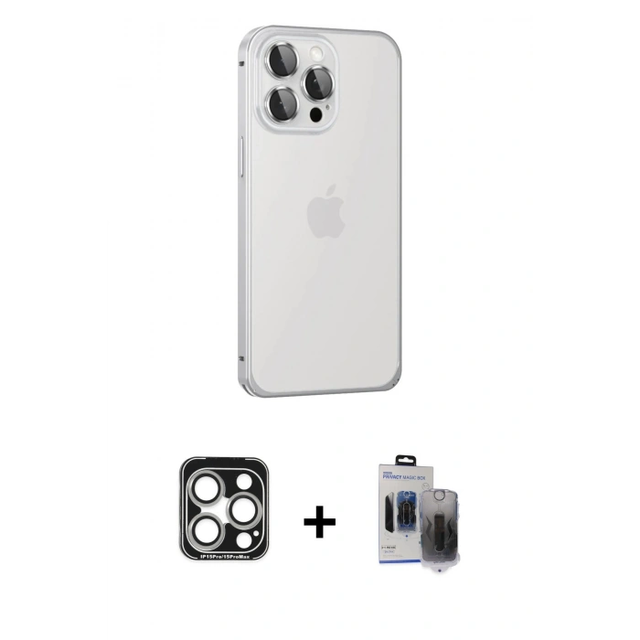 MARSİLYAN™- iPhone 15 Pro Max Kılıf Eksen Form Serisi - Siyah Vanessa Magic Hayalet Cam + PVD Metal Kamera Lens - GS