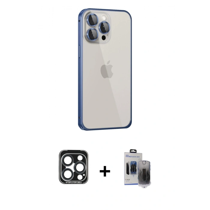 MARSİLYAN™- iPhone 15 Pro Max Kılıf Eksen Form Serisi - Siyah Vanessa Magic Hayalet Cam + PVD Metal Kamera Lens - LT
