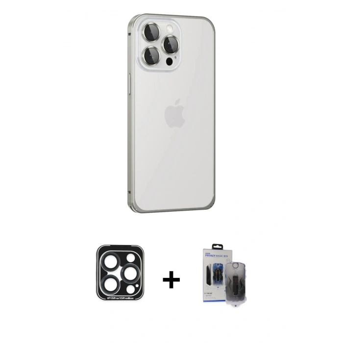 MARSİLYAN™- iPhone 15 Pro Max Kılıf Eksen Form Serisi - Siyah Vanessa Magic Hayalet Cam + PVD Metal Kamera Lens - LT