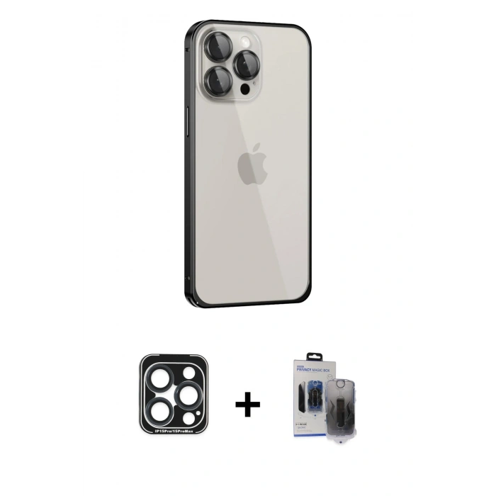 MARSİLYAN™- iPhone 15 Pro Max Kılıf Eksen Form Serisi - Siyah Vanessa Magic Hayalet Cam + PVD Metal Kamera Lens - LT