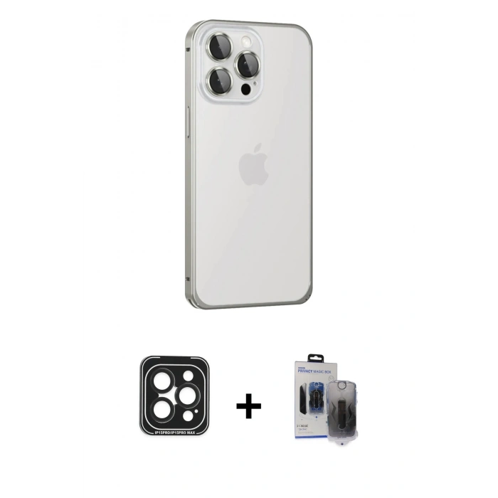 MARSİLYAN™- iPhone 15 Pro Max Kılıf Eksen Form Serisi - Siyah Vanessa Magic Hayalet Cam + PVD Metal Kamera Lens - SH
