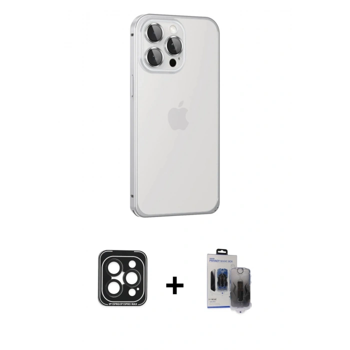 MARSİLYAN™- iPhone 15 Pro Max Kılıf Eksen Form Serisi - Siyah Vanessa Magic Hayalet Cam + PVD Metal Kamera Lens - SH