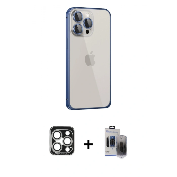 MARSİLYAN™- iPhone 15 Pro Max Kılıf Eksen Form Serisi - Siyah Vanessa Magic Hayalet Cam + PVD Metal Kamera Lens - GS