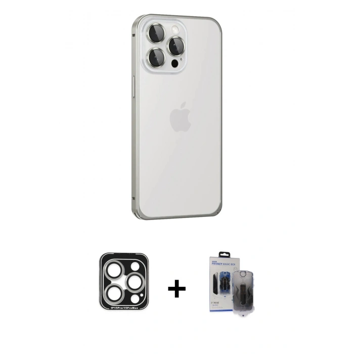 MARSİLYAN™- iPhone 15 Pro Max Kılıf Eksen Form Serisi - Siyah Vanessa Magic Hayalet Cam + PVD Metal Kamera Lens - GS