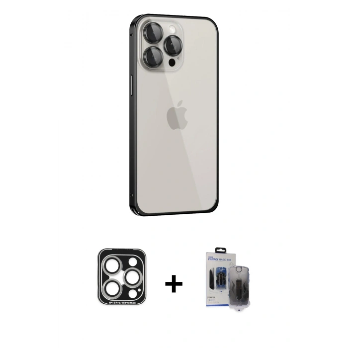 MARSİLYAN™- iPhone 15 Pro Max Kılıf Eksen Form Serisi - Siyah Vanessa Magic Hayalet Cam + PVD Metal Kamera Lens - GS