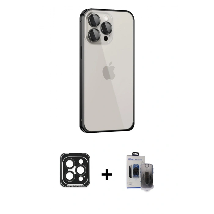 MARSİLYAN™- iPhone 15 Pro Max Kılıf Eksen Form Serisi - Siyah Vanessa Magic Hayalet Cam + PVD Metal Kamera Lens - SH