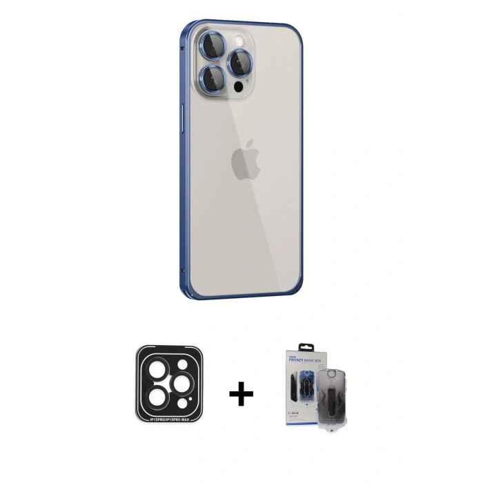 MARSİLYAN™- iPhone 15 Pro Max Kılıf Eksen Form Serisi - Siyah Vanessa Magic Hayalet Cam + PVD Metal Kamera Lens - SH