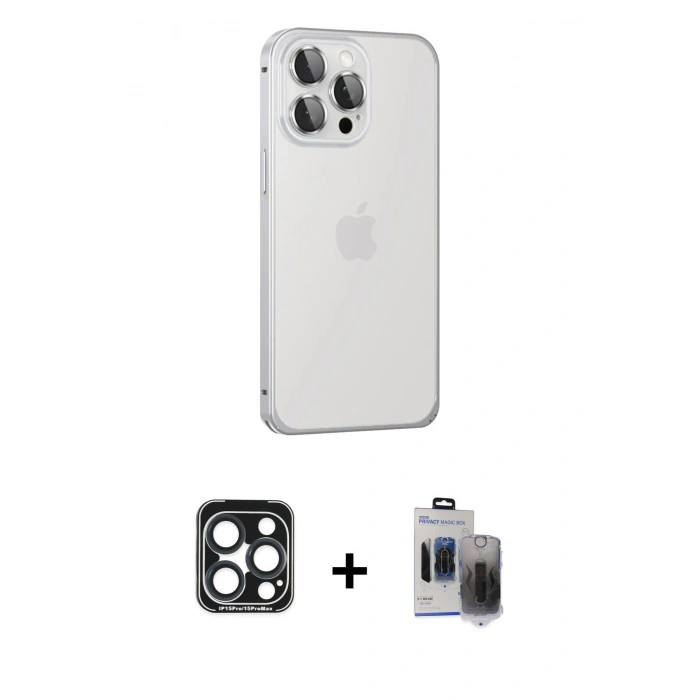 MARSİLYAN™- iPhone 15 Pro Max Kılıf Eksen Form Serisi - Siyah Vanessa Magic Hayalet Cam + PVD Metal Kamera Lens - LT