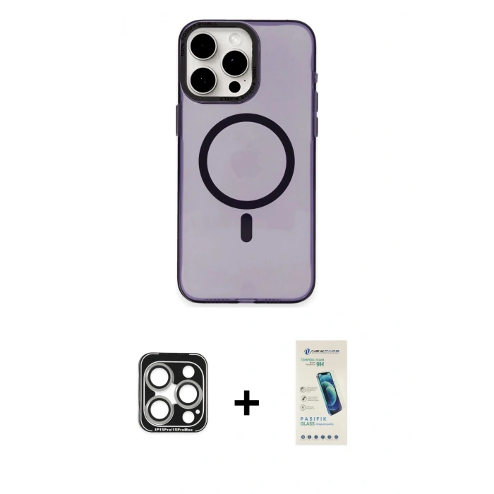 MARSİLYAN™- iPhone 15 Pro Max Kılıf Eksen Işık Prime - Şeffaf Pasifik Cam Ekran Koruyucu + PVD Metal Kamera Lens - GS