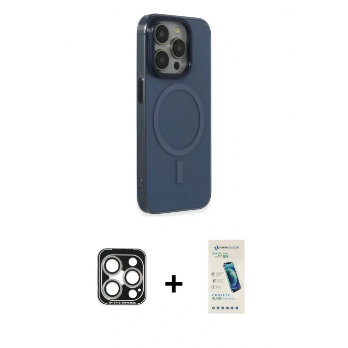 MARSİLYAN™- iPhone 15 Pro Max Kılıf Eksen Işık Prime - Şeffaf Pasifik Cam Ekran Koruyucu + PVD Metal Kamera Lens - GS