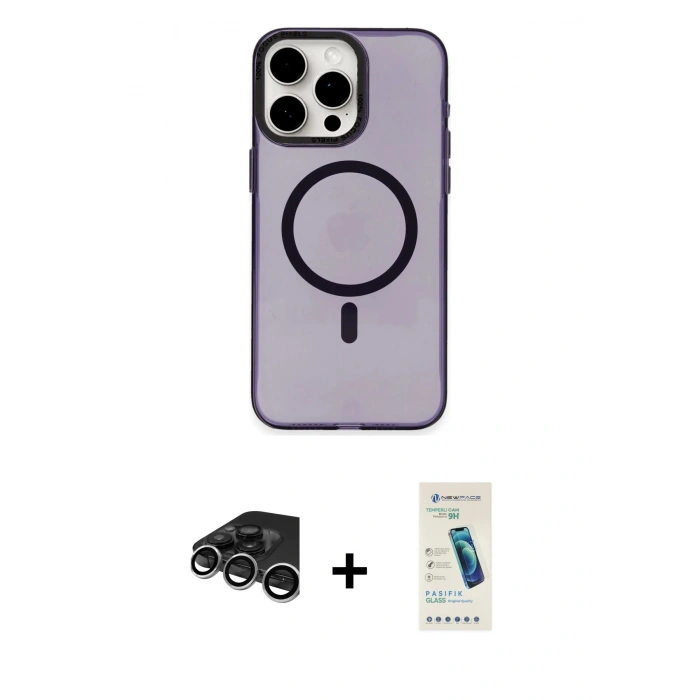 MARSİLYAN™- iPhone 15 Pro Max Kılıf Eksen Işık Prime - Şeffaf Pasifik Cam Ekran Koruyucu + Gümüş Raze Metal Kamera Lens