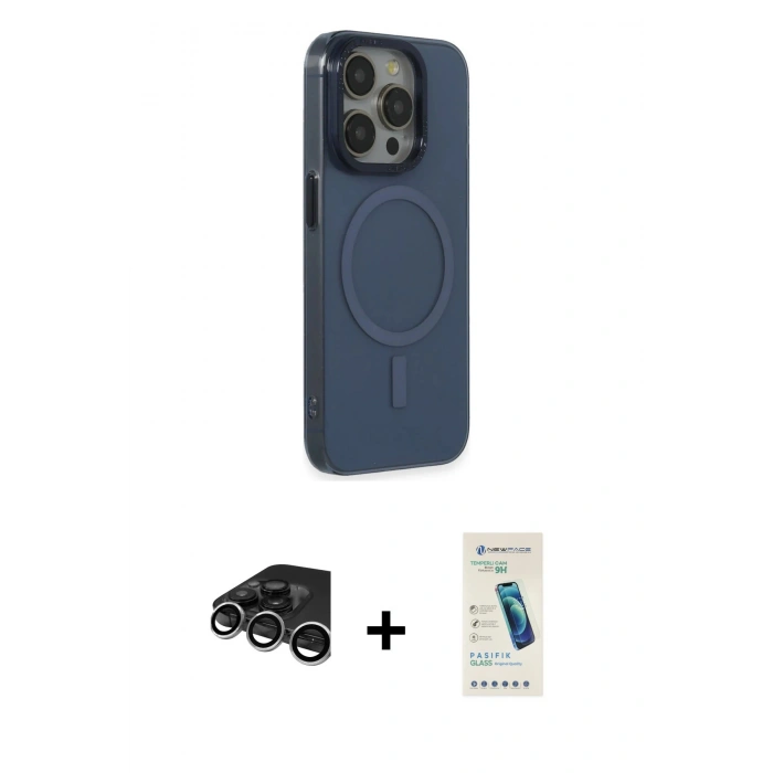 MARSİLYAN™- iPhone 15 Pro Max Kılıf Eksen Işık Prime - Şeffaf Pasifik Cam Ekran Koruyucu + Gümüş Raze Metal Kamera Lens
