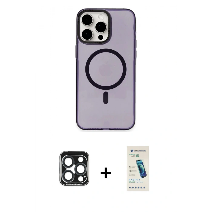 MARSİLYAN™- iPhone 15 Pro Max Kılıf Eksen Işık Prime - Şeffaf Pasifik Cam Ekran Koruyucu + PVD Metal Kamera Lens - LT