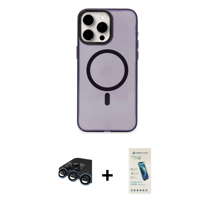 MARSİLYAN™- iPhone 15 Pro Max Kılıf Eksen Işık Prime - Şeffaf Pasifik Cam Ekran Koruyucu + Raze Metal Kamera Lens - LT