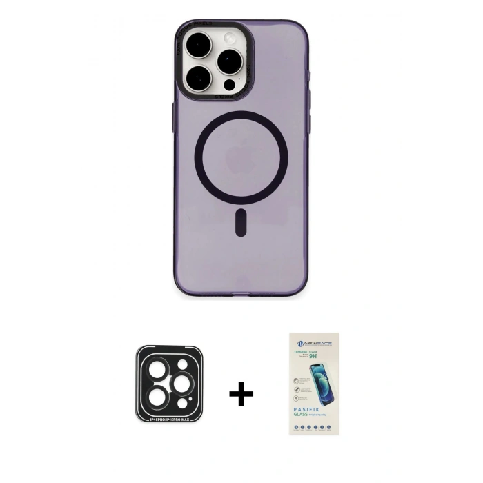MARSİLYAN™- iPhone 15 Pro Max Kılıf Eksen Işık Prime - Şeffaf Pasifik Cam Ekran Koruyucu + PVD Metal Kamera Lens - SH