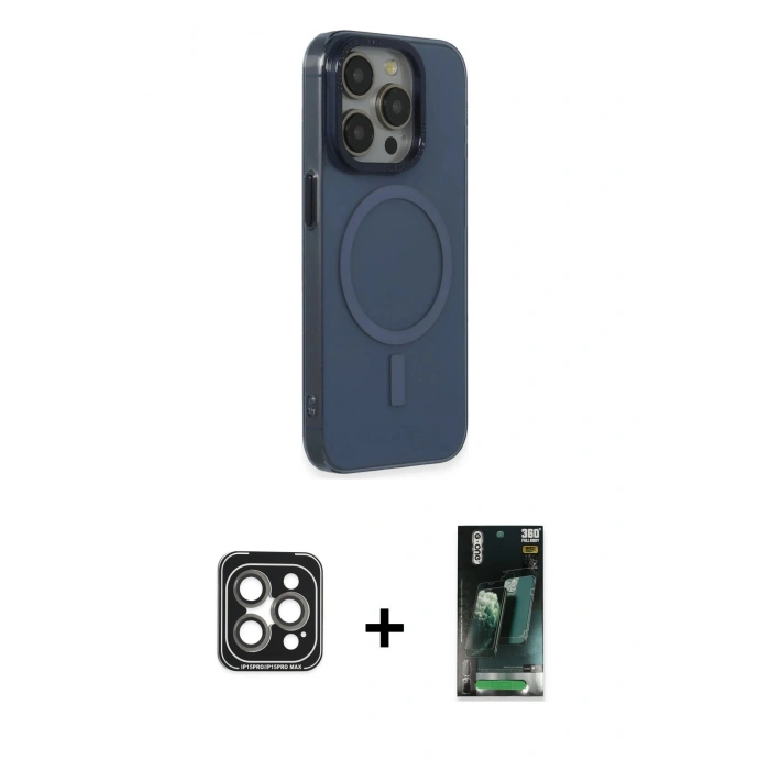 MARSİLYAN™- iPhone 15 Pro Max Kılıf Eksen Işık Prime - Siyah 360 Mat Full Body Arka Koruyucu + Gri PVD Metal Kamera Lens