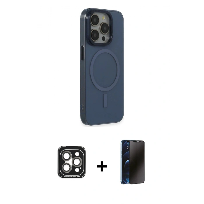 MARSİLYAN™- iPhone 15 Pro Max Kılıf Eksen Işık Prime - Siyah 3D Antistatik Hayalet Cam Ekran Koruyucu + Gri PVD Metal Kamera Lens