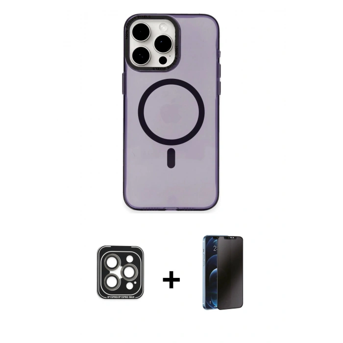 MARSİLYAN™- iPhone 15 Pro Max Kılıf Eksen Işık Prime - Siyah 3D Antistatik Hayalet Cam Ekran Koruyucu + Gri PVD Metal Kamera Lens