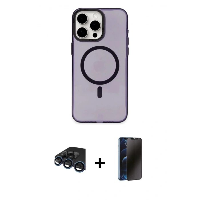 MARSİLYAN™- iPhone 15 Pro Max Kılıf Eksen Işık Prime - Siyah 3D Antistatik Hayalet Cam Ekran Koruyucu + Raze Metal Kamera Lens - LT