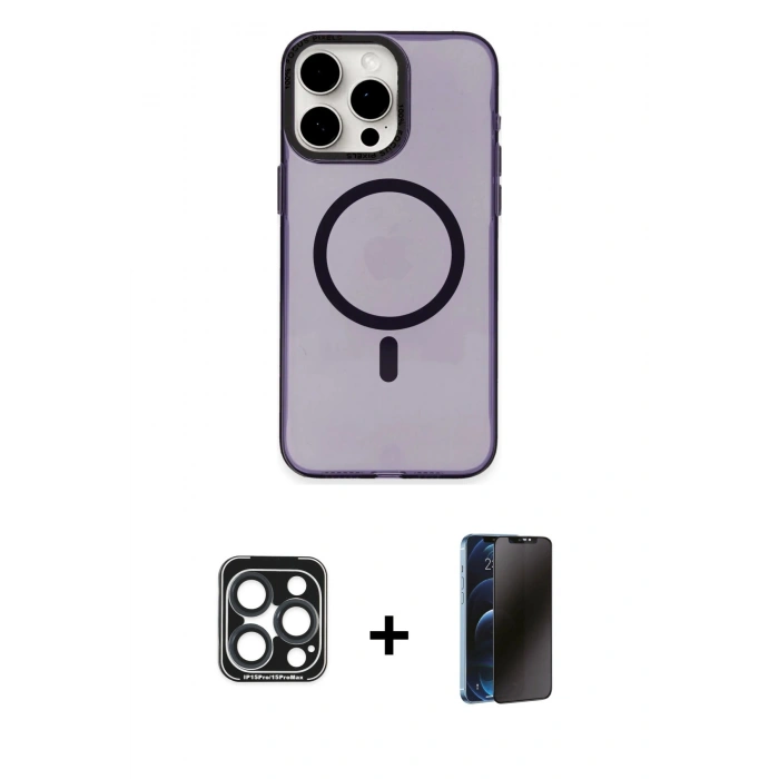MARSİLYAN™- iPhone 15 Pro Max Kılıf Eksen Işık Prime - Siyah 3D Antistatik Hayalet Cam Ekran Koruyucu + PVD Metal Kamera Lens - LT