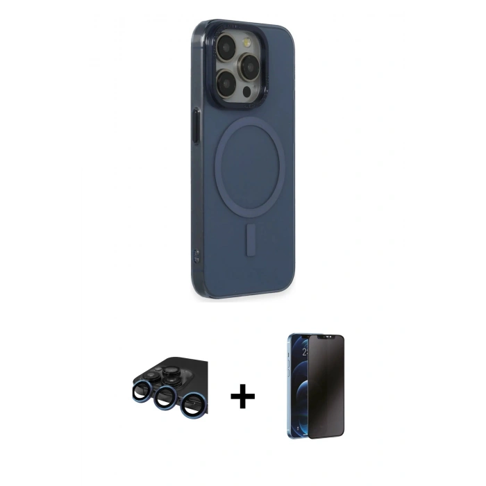 MARSİLYAN™- iPhone 15 Pro Max Kılıf Eksen Işık Prime - Siyah 3D Antistatik Hayalet Cam Ekran Koruyucu + Raze Metal Kamera Lens - LT