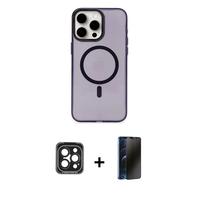 MARSİLYAN™- iPhone 15 Pro Max Kılıf Eksen Işık Prime - Siyah 3D Antistatik Hayalet Cam Ekran Koruyucu + PVD Metal Kamera Lens - SH