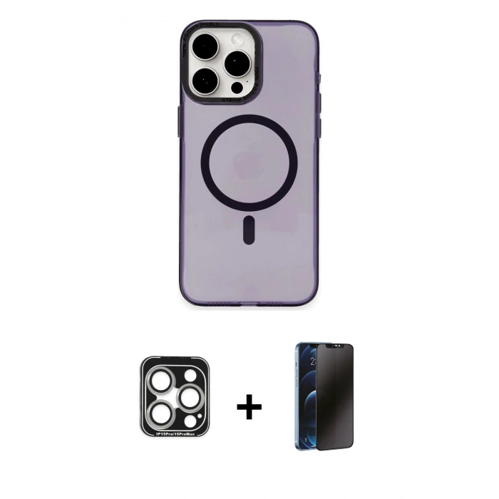 MARSİLYAN™- iPhone 15 Pro Max Kılıf Eksen Işık Prime - Siyah 3D Antistatik Hayalet Cam Ekran Koruyucu + PVD Metal Kamera Lens - GS