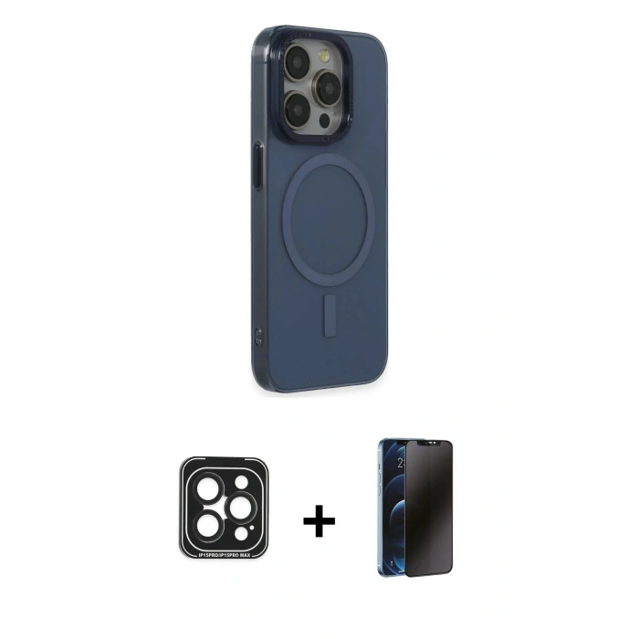 MARSİLYAN™- iPhone 15 Pro Max Kılıf Eksen Işık Prime - Siyah 3D Antistatik Hayalet Cam Ekran Koruyucu + PVD Metal Kamera Lens - SH
