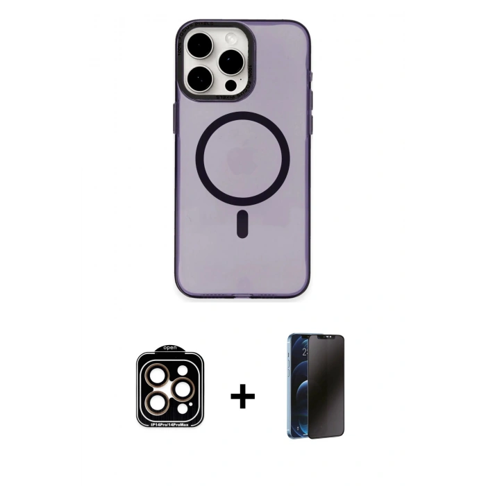 MARSİLYAN™- iPhone 15 Pro Max Kılıf Eksen Işık Prime - Siyah 3D Antistatik Hayalet Cam Ekran Koruyucu + PVD Metal Kamera Lens - TU