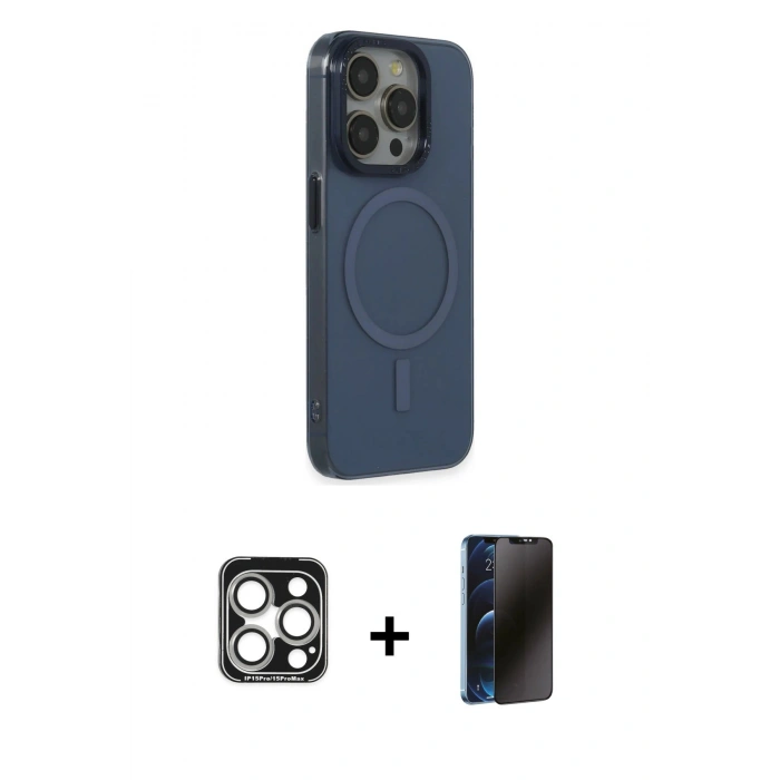 MARSİLYAN™- iPhone 15 Pro Max Kılıf Eksen Işık Prime - Siyah 3D Antistatik Hayalet Cam Ekran Koruyucu + PVD Metal Kamera Lens - GS