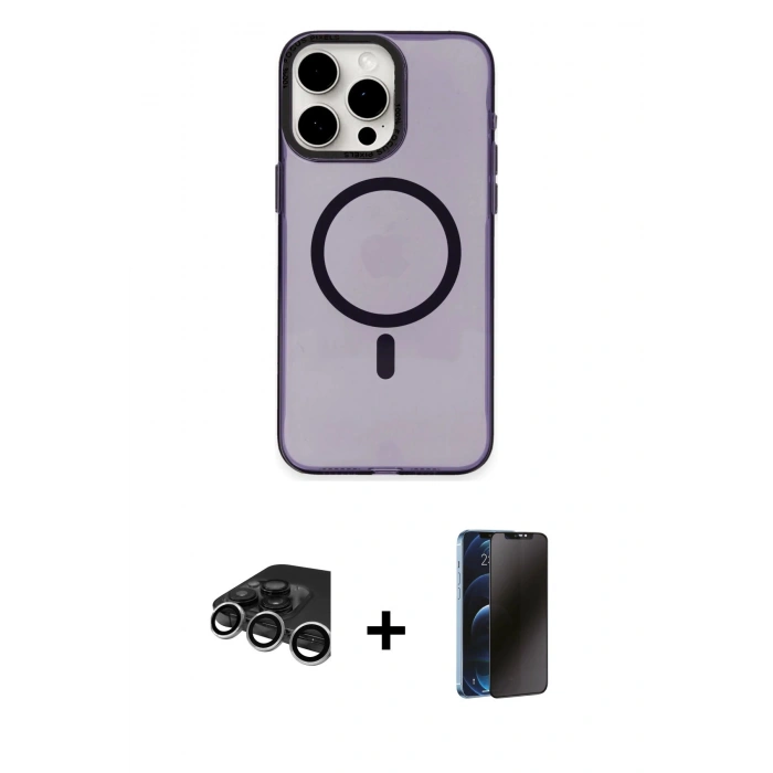 MARSİLYAN™- iPhone 15 Pro Max Kılıf Eksen Işık Prime - Siyah 3D Antistatik Hayalet Cam Ekran Koruyucu + Raze Metal Kamera Lens - GS