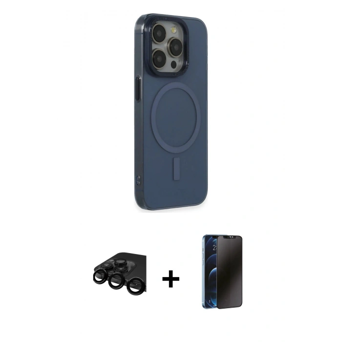 MARSİLYAN™- iPhone 15 Pro Max Kılıf Eksen Işık Prime - Siyah 3D Antistatik Hayalet Cam Ekran Koruyucu + Raze Metal Kamera Lens - SH