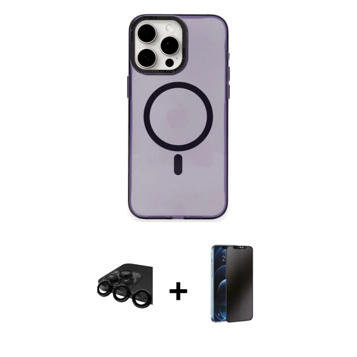 MARSİLYAN™- iPhone 15 Pro Max Kılıf Eksen Işık Prime - Siyah 3D Antistatik Hayalet Cam Ekran Koruyucu + Raze Metal Kamera Lens - SH