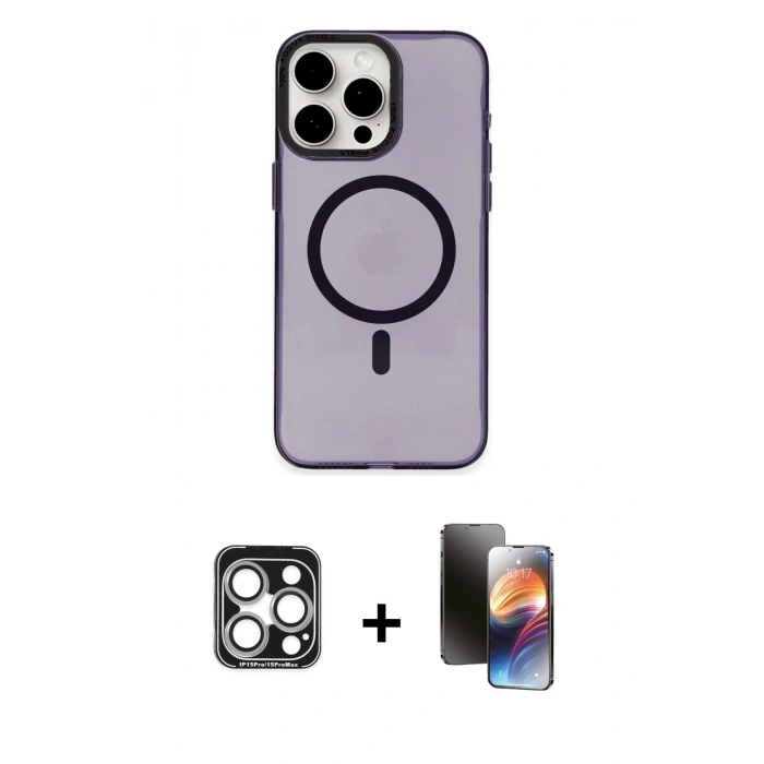 MARSİLYAN™- iPhone 15 Pro Max Kılıf Eksen Işık Prime - Siyah 3D Antistatik Mat Seramik Nano Ekran Koruyucu + PVD Metal Kamera Lens - GS