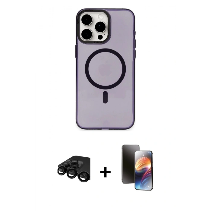 MARSİLYAN™- iPhone 15 Pro Max Kılıf Eksen Işık Prime - Siyah 3D Antistatik Mat Seramik Nano Ekran Koruyucu + Raze Metal Kamera Lens - SH