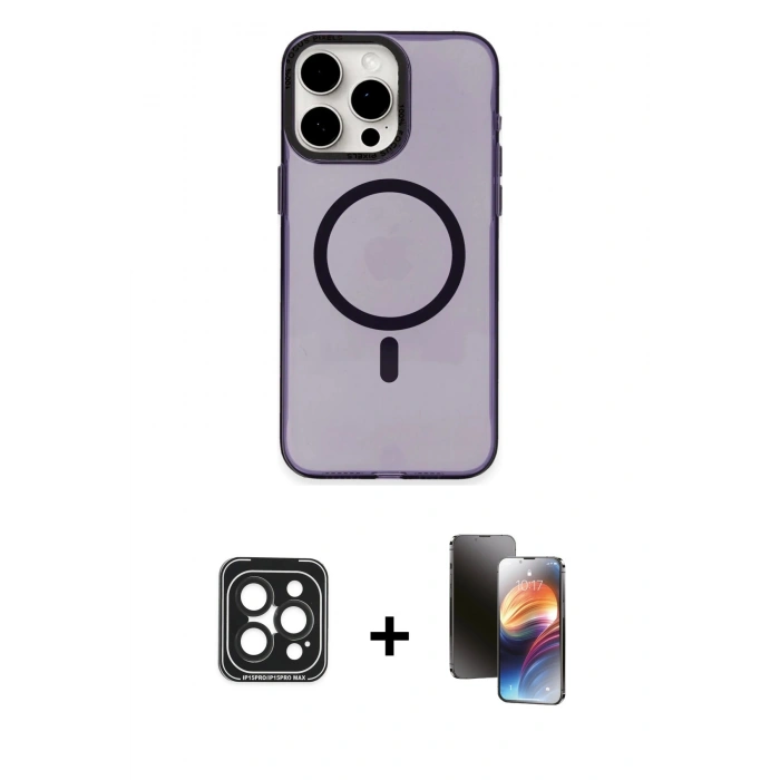 MARSİLYAN™- iPhone 15 Pro Max Kılıf Eksen Işık Prime - Siyah 3D Antistatik Mat Seramik Nano Ekran Koruyucu + PVD Metal Kamera Lens - SH