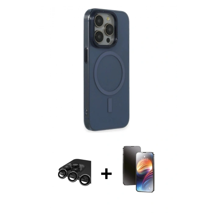 MARSİLYAN™- iPhone 15 Pro Max Kılıf Eksen Işık Prime - Siyah 3D Antistatik Mat Seramik Nano Ekran Koruyucu + Raze Metal Kamera Lens - TMGI