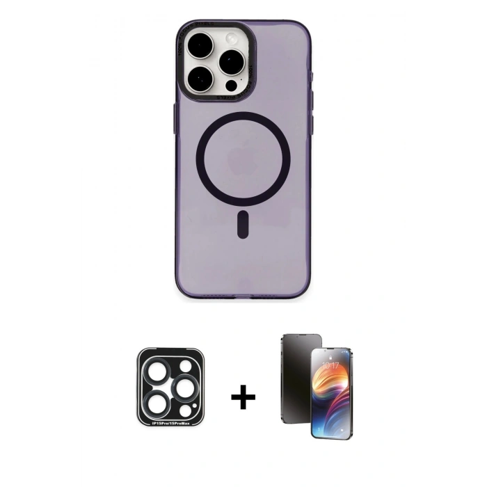 MARSİLYAN™- iPhone 15 Pro Max Kılıf Eksen Işık Prime - Siyah 3D Antistatik Mat Seramik Nano Ekran Koruyucu + PVD Metal Kamera Lens - LT