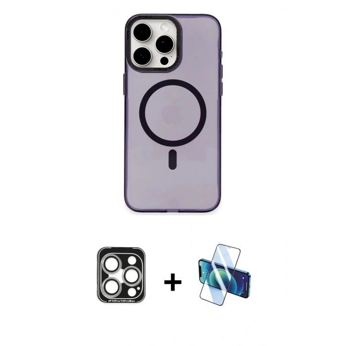 MARSİLYAN™- iPhone 15 Pro Max Kılıf Eksen Işık Prime - Siyah 3D Antistatik Seramik Nano Ekran Koruyucu + PVD Metal Kamera Lens - GS